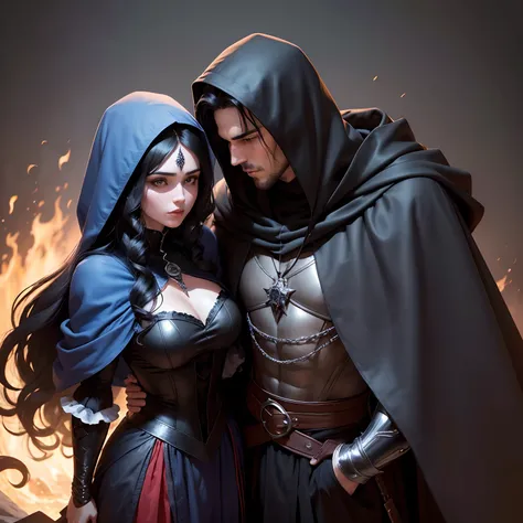 Casal de homem e mulher. He wears a black hood and cape, but you can see streaks of bluish-black hair whose outfit looks medieval. She has hair, the curls are voluminous and loose and are long. Por favor de fundo colocar fogo e o mar