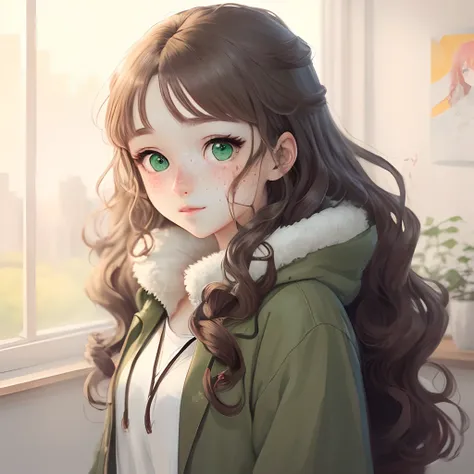 Anime illustration girl with long curly hair with green eyes and freckles