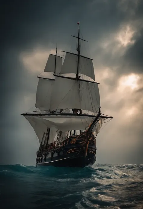 It was raining heavily in the sky，Huge black tentacles pull the boat into the bottom of the sea,Ancient sailing ships,