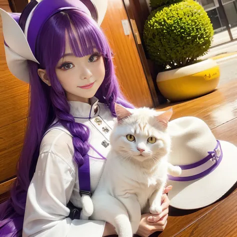 arafed woman with long purple hair wearing a white hat, sakimichan, anime thai girl, ruan cute vtuber, with cute - fine - face,holding a cat