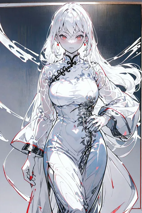 1girl,Line Art,sketch,Pencil drawing,traditional media,((perfect female figure)), white hair, red eyes, mature female, milf, narrow waist, chinese deity, looking at viewer, seductive posture, sexy pose, alluring, clean, beautiful face, pure face, pale skin...