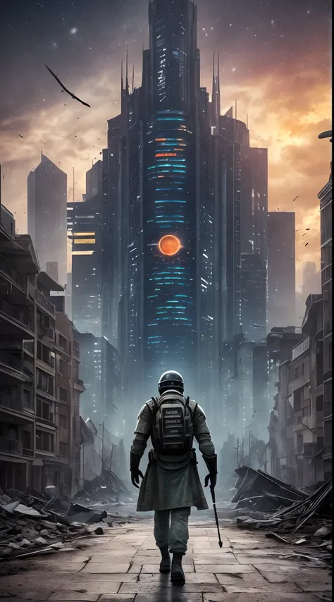 High quality movie, 8k, above the sky there is a very large alien monster with high detail and advanced technology in a post-apocalyptic cityscape, in the distance there are a few other alien monsters shooting with soldiers with laser guns, gloomy colors o...