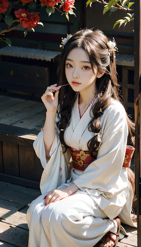 meticulous portrayal of face，1 noblewoman，(Hairpins)，(Camellia kimono)，(Long flowing colored hair)，Simple and elegant Japanese clothing，Collar，(black sock+，clogs)， s the perfect face， perfect hand， Perfect Finger， Perfect lips， perfect  eyes，Extremely norm...