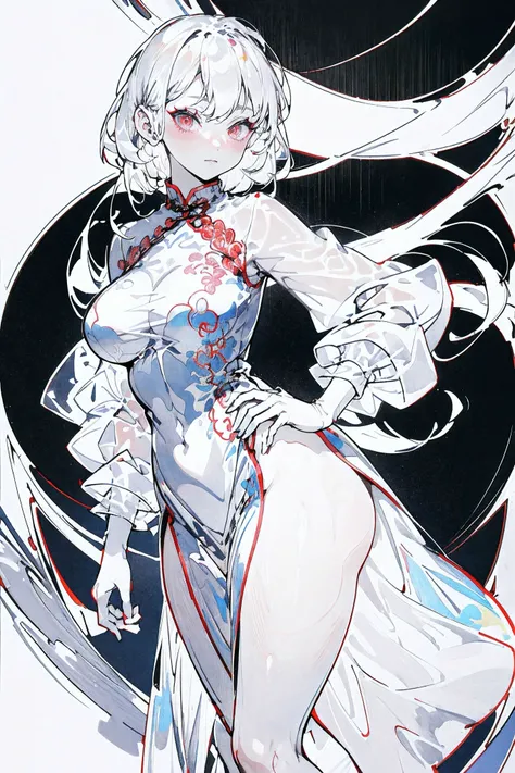 1girl,Line Art,sketch,Pencil drawing,traditional media,((perfect female figure)), white hair, red eyes, mature female, milf, narrow waist, chinese deity, looking at viewer, seductive posture, sexy pose, alluring, clean, beautiful face, pure face, pale skin...