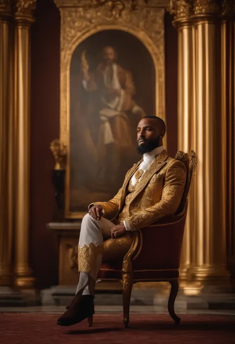 araffe man sitting on a chair in a room with columns, a portrait inspired by Ras Akyem, pexels contest winner, baroque, bearded man seated on a throne, seated in royal ease, epic and classy portrait, ornate attire, sitting on his throne, wearing an ornate ...