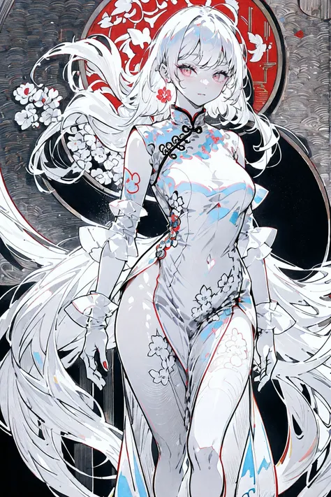 1girl,Line Art,sketch,Pencil drawing,traditional media,((perfect female figure)), white hair, red eyes, mature female, milf, narrow waist, chinese deity, looking at viewer, seductive posture, sexy pose, alluring, clean, beautiful face, pure face, pale skin...