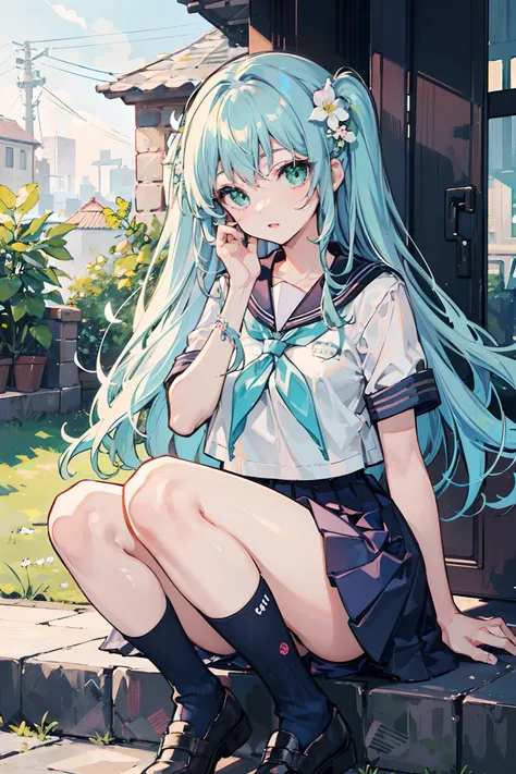 Masterpiece, Best quality, a beauty girl, Long hair, Light blue hair, Green eyes, seifuku, Socks, hair flower,