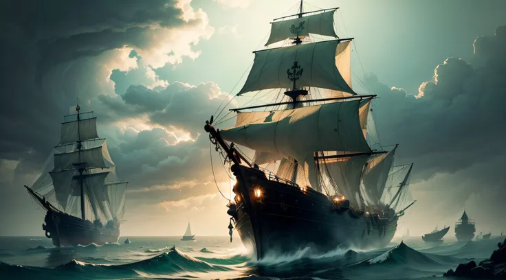 Imagine a pirate ship sailing through a misty, emerald-green sea. Enveloped in a dense fog, the ships silhouette emerges, adorned with tattered sails and worn-out wood. The cloudy sky above casts an eerie green glow, reflecting off the waters surface