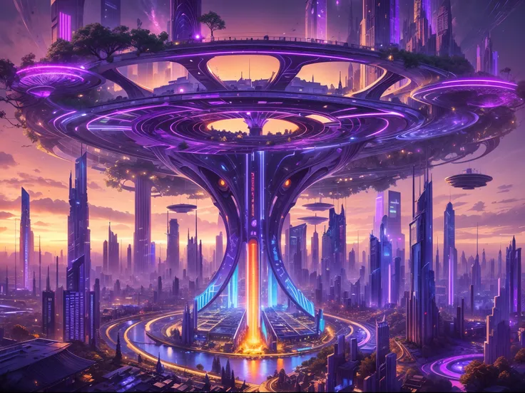 image of an otherworldly city, a futuristic city, a giant high tech pillar pierce the sky, on the body of the pillar countless of mechanic thicc and long branch, detailed futuristic houses on each branch, wide angle, ultra wide angle, capturing  all the un...