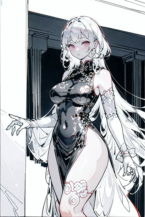 1girl,Line Art,sketch,Pencil drawing,traditional media,((perfect female figure)), white hair, red eyes, mature female, milf, narrow waist, chinese deity, looking at viewer, seductive posture, sexy pose, alluring, clean, beautiful face, pure face, pale skin...