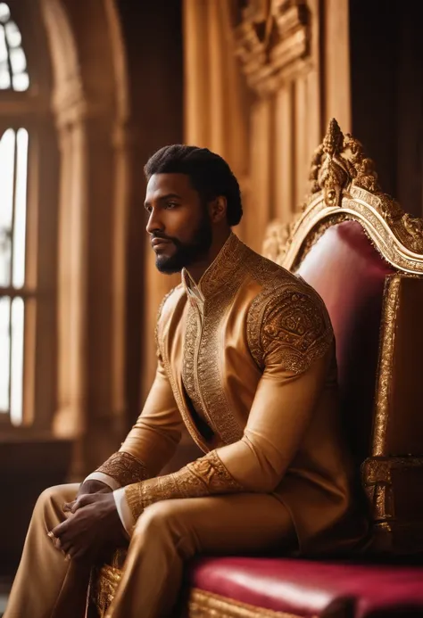 brown skinned King,physically well built, sitting on throne,regal pose