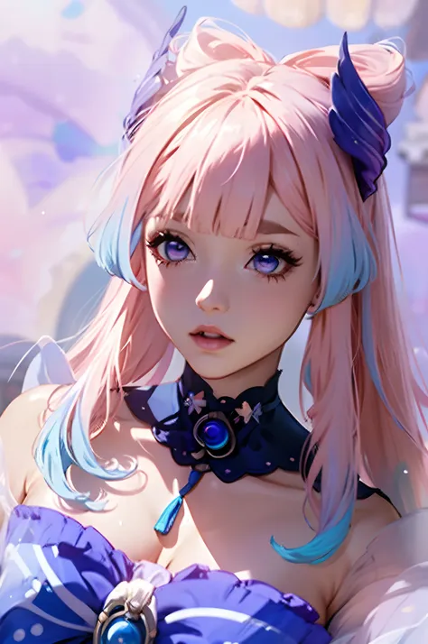 1 girl solo, translucent clothes, wery long pink hair with lavender streaks, blue bow on the chest, dark blue collar with pearl,...