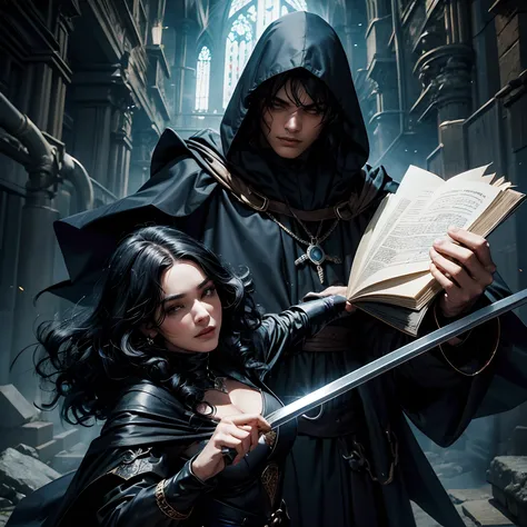 Casal de homem e mulher. He wears a black hood and cape, but you can see streaks of bluish-black hair whose outfit looks medieval. She has hair, the curls are voluminous and loose and are long. Por favor de fundo colocar fogo e o mar