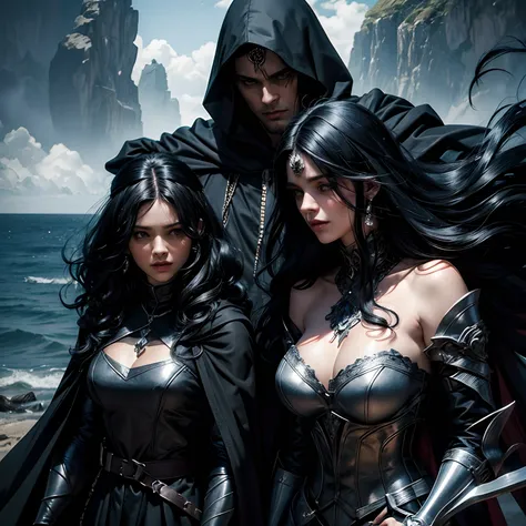 Casal de homem e mulher. He wears a black hood and cape, but you can see streaks of bluish-black hair whose outfit looks medieval. She has hair, the curls are voluminous and loose and are long. Por favor de fundo colocar fogo e o mar