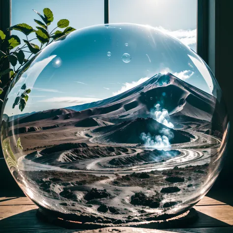 a miniature volcano inside a small glass bubble. the bubble is perfectly round, perfectly circular. bubble is placed on the wind...