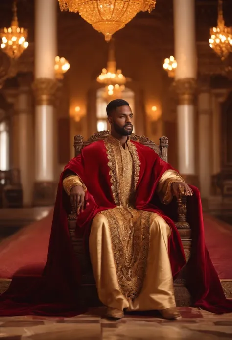 (brown-skinned,) (physically well-built,) (king,) (sitting on throne,) (regal pose), (crown), (luxurious velvet robes), (golden scepter), (ornate decorations), (soft lighting), (deep red and gold color palette), (detailed facial features), (piercing eyes),...