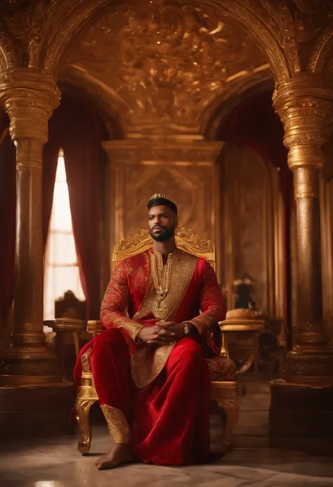 (brown-skinned,) (physically well-built,) (king,) (sitting on throne,) (regal pose), (crown), (luxurious velvet robes), (golden scepter), (ornate decorations), (soft lighting), (deep red and gold color palette), (detailed facial features), (piercing eyes),...