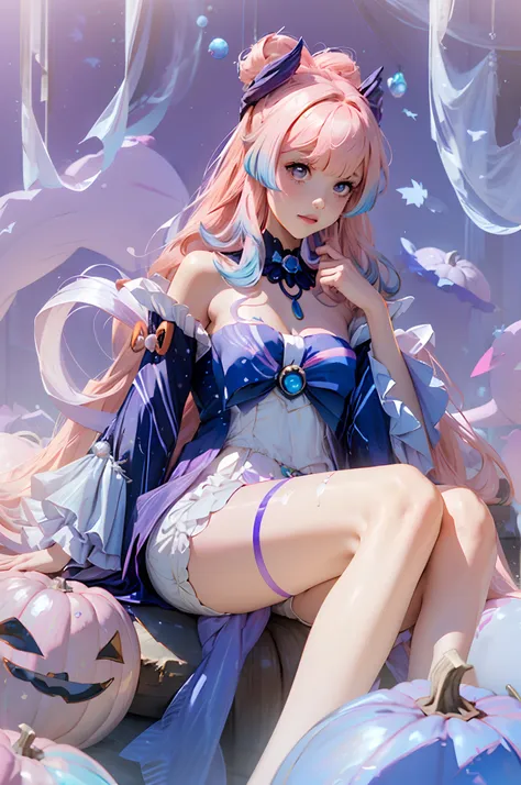 1 girl solo, translucent clothes, wery long pink hair with lavender streaks, blue bow on the chest, dark blue collar with pearl, long detached white and blue sleeves, white shorts, pastel rainbow iridescent light, flowy hair, ((holding pumpkins)) ((pastel ...