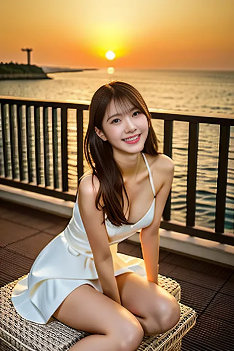 Veranda of a hotel by the sea, Beautiful Japan woman sitting on a fashionable chair made of wicker、(Beautiful sunset)、Beautiful woman in fashionable resort dress、(( 1screen))、4K, RAW shot, top quality photo, Horse masterpieces, Nice realistic photos, ((Ana...