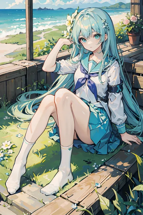 Masterpiece, Best quality, a beauty girl, Long hair, Light blue hair, Green eyes, seifuku, Socks, hair flower,