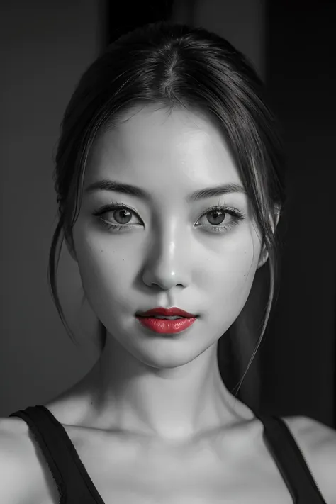 masutepiece, Best Quality, Photorealsitic, Ultra-detailed, finely detail, hight resolution, 8k wallpaper, Professional, high level of detail, ((Monochrome photography)), 1girl in, ((Facing the front)), ((Vermilion lips)), Detailed clavicle, face perfect, s...