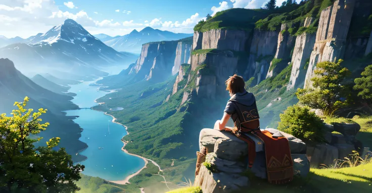 A traveler in the corner looking out away from the viewer across a mountain landscape starting his journey to a distant land.landscape,water,(extremely detailed CG unity 8k wallpaper), most beautiful artwork in the world,professional majestic oil painting,...