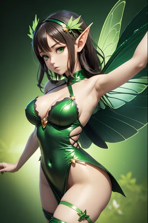 Anime girl in green and black costume on wings and green background, big breasts, slim body, revealing dress,super minidress, pixie character, fairy, forest fairy, insect trainer girl, brunette elf with fairy wings, pixie, cute 3d anime girl rendering, Apr...