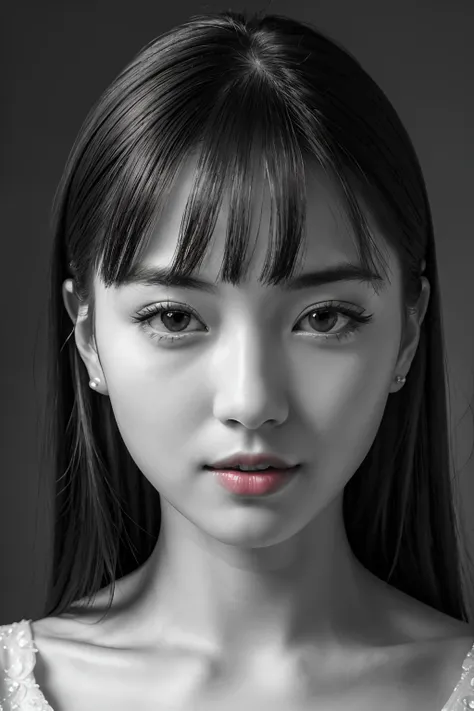 masutepiece, Best Quality, Photorealsitic, Ultra-detailed, finely detail, hight resolution, 8k wallpaper, Professional, high level of detail, ((Monochrome photography)), 1girl in, ((Facing the front)), ((Vermilion lips)), Detailed clavicle, face perfect, s...