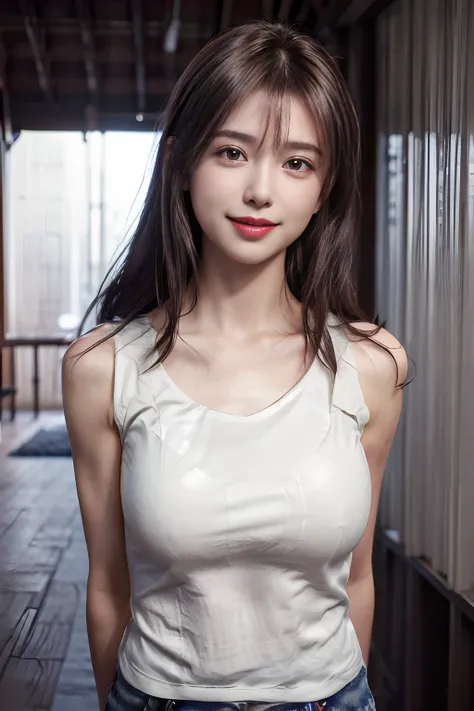 (Best Quality:1.4), (masutepiece:1.4), (Photorealistic:1.4), (超A high resolution, Raw photo:1.4), (nffsw, hyperdetails:1.2), 1girl in, Smile, (Upper body:1.2), (Pure white T-shirt:1.2), Standing,