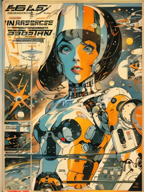 (Masterpiece, Best Quality), 8k Wallpaper, highly detailed, poster, vintage science fiction, 1960s, sexy female, robot, space thriller cinematic movie poster, Bauhaus, shapes, lines, abstract, propaganda, mid century modern, movie poster, vintage,