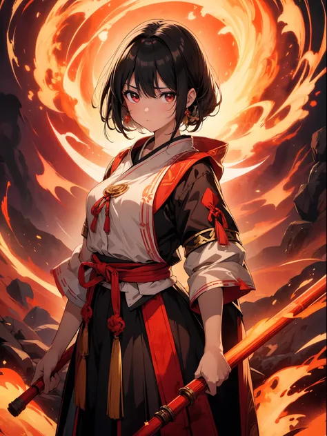 1 Miko girl , holding  tin cane, wide shot ,( background magma gushes out) ,upper body ,black hair, high resolution,(incredibly absurdres),anime visual,extremely detailed CG unity 8k wallpaper, ((masterpiece)), ((top-quality)), (beautiful illustration), ((...