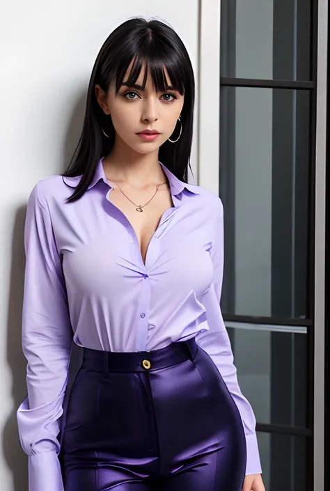 woman, black hair with bangs, blue eyes, thin nose, thick full lips, arched eyebrow, large breasts, very thin waist, wide hips, sensual body, lilac long sleeve button down shirt and neckline, purple pants, sensual blue eyes, serious look, deep eyes, attrac...