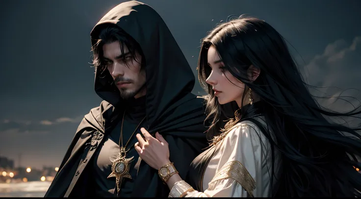 Casal de homem e mulher. He wears a black hood and cape, but you can see streaks of straight black hair. As roupas parecem medieval. She has hair, the curls are voluminous and loose and are long. No fundo colocar uma tocha de fogo. A Bible and a Necklace a...