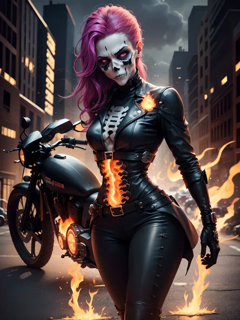 Skull woman, 25 years old, ghost photographer style, a supernatural anti-hero character in comics published by Marvel Comics, appears with a skeletons head on fire, She drives a motorcycle that is also on fire, tight leather clothes, full body, (motorcycle...