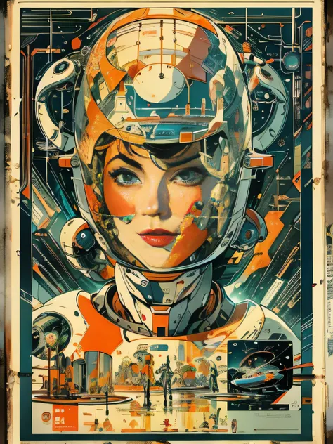 (Masterpiece, Best Quality), 8k Wallpaper, highly detailed, poster, vintage science fiction, 1960s, sexy female, robot, space thriller cinematic movie poster, Bauhaus, shapes, lines, abstract, propaganda, mid century modern, movie poster, vintage,