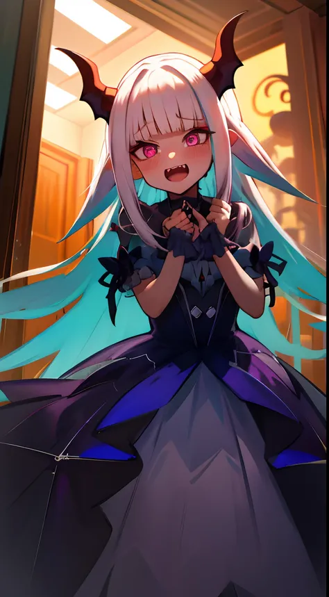 One girl with long hair, white hair, looking at viewer, embarrassed, blushing, indoor, night , haloween dress, vampire dress, vampire teeth, big fangs, horn, open mouth, trick or treat!