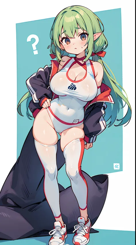 number art、Dark Elves、Sportswear，athletic sneakers，Sports tights，white  shirt，Yuruchara style、Large breasts，Off-the-shoulder attire，nabel，Big breasts Thin waist，cleavage