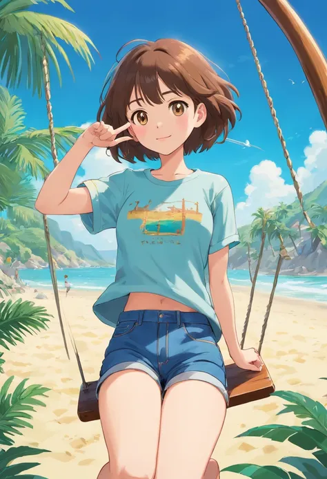 Palm trees and beach in the background, , Free, relaxed and vibrant graphics, the moving visual effects, ,short sleeved top, Denim shorts, A girl on a swing，（Stretch out two fingers to make Biyes gesture）