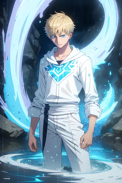 a young teen man, short blond hairs, wearing white clothes, blue eyes, rain effects, water powers