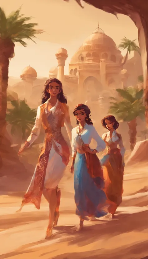 Tres chicas lindas con uniforme de estudiantes en un paseo de vacaciones, Flying on a magic carpet with a monkey with Turkish hat as a driving guide, near the palace of Sultan Aladdin and an oasis in the desert, fantasy,  foto realismo, exotic,  perspectiv...