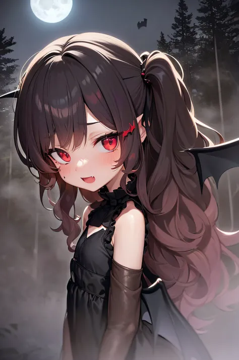 Al Sophie, 1girll, Solo, Gothic punk costumes,, tress ribbon, side locks, (Wavy hair:1.25), whaite hair, view the viewer, angle of view, Red eyes, (Heavy fog, Outdoors, forest, Dark, Night, Moonlight:1.3), Solo, Small breasts, Flat chest, (Bat wings:1.25),...