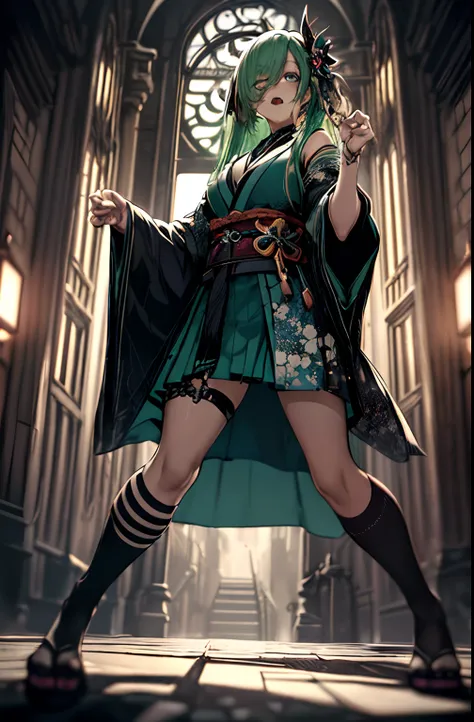 Full body、Japanese dress、Kimono Dresses、long、miku hatsune、Green hair、Twin-tailed、Ahegao ( Silly / Sexual ecstasy)、Cross-eyed、Stranger、View other people、Blunt bangs、 over-kneehighs,Ahegao , Silly,Sexual ecstasy,Drunken eyes,Blunt bangs, Green hair,(masutepi...