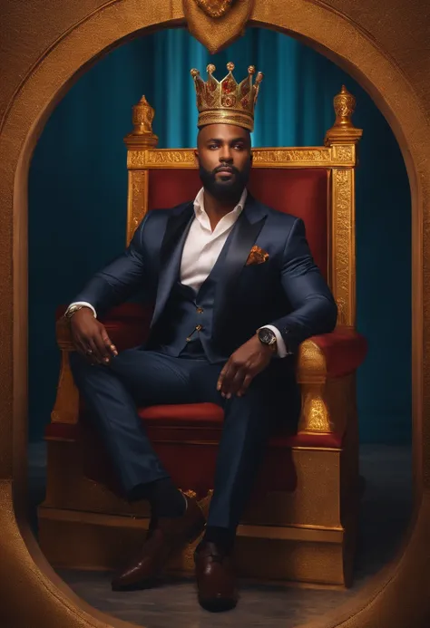 brown skinned King,physically well built, sitting on throne,crown,short beard,bald,business atire