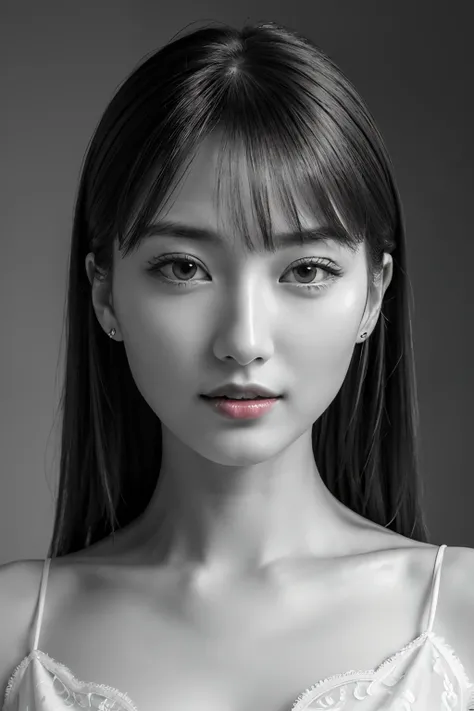 masutepiece, Best Quality, Photorealsitic, Ultra-detailed, finely detail, hight resolution, 8k wallpaper, Professional, high level of detail, ((Monochrome photography)), 1girl in, ((Facing the front)), ((Vermilion lips)), Detailed clavicle, face perfect, s...