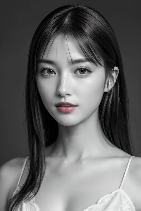 masutepiece, Best Quality, Photorealsitic, Ultra-detailed, finely detail, hight resolution, 8k wallpaper, Professional, high level of detail, ((Monochrome photography)), 1girl in, ((Facing the front)), ((Vermilion lips)), Detailed clavicle, face perfect, s...