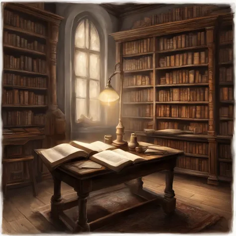 A girl reading in a library surrounded by ink wash paintings, with a desk covered in open books, and a ray of sunlight shining through the window onto the desk. (best quality,4k,8k,highres,masterpiece:1.2),ultra-detailed,(realistic,photorealistic,photo-rea...