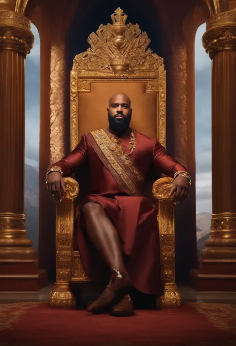 brown skinned King,physically well built, sitting on throne,crown,short beard,bald,business atire