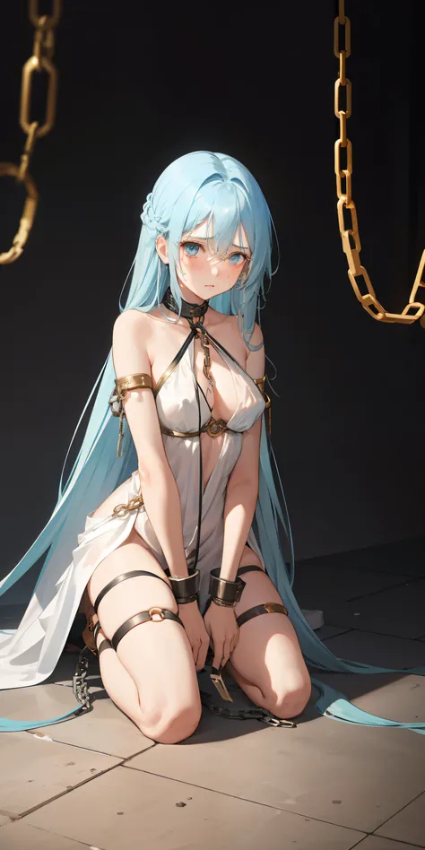 1girl,  long shoulder-length hair,  light blue hair, poor slave, handcuffs, chains around neck, dirty brown slave costume, in rags, dirty, cry, painful, blush, looking at the camera, kneeling on the ground, poor, glowing, sidelighting, wallpaper