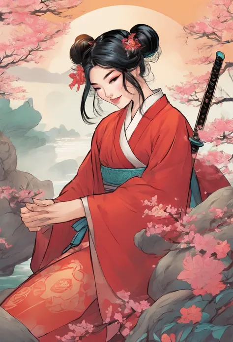 The girl wore Hanfu, black hair, had her hair in two buns, and held a sword , smile on her face.