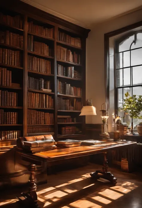 Ink wind，Interior of modern library tubes，On the desk were open books，A ray of sunlight shines through the window on the desk